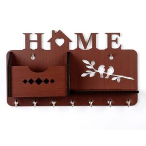 Premium Wooden Key Holder for Home Decor (7 Hooks, 29 cm x 13.5 cm x 0.4 cm, MDF Brown) | Stylish Wall Mounted Key Hanger | Keychain Organizer for Wall (5 in 1 Key Holder)