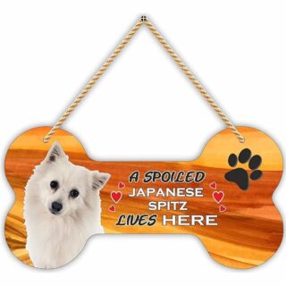 Laser Cut MDF Wooden Cute Dog Plaque Bone Design A Spoiled Japanese SPITEZ Lives Here Animal Love Sign Board, Name Plate for Dog House White, Size(10x5) inch