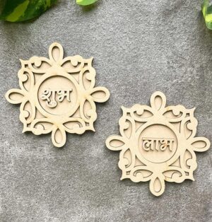 Shubh Labh Drop Frame Wooden Cutouts for Diwali Decorations- Set of 6 Pairs DIY Unfinished MDF Craft for Toran & Door Hangings 3.5 Inch