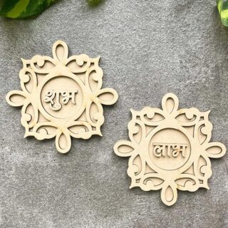 Shubh Labh Drop Frame Wooden Cutouts for Diwali Decorations- Set of 6 Pairs DIY Unfinished MDF Craft for Toran & Door Hangings 3.5 Inch